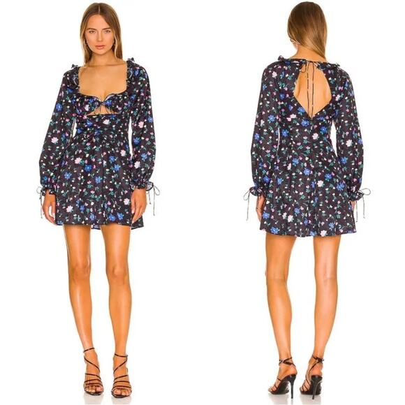 For Love & Lemons Lexy Floral Long Sleeve Cutout Ruffle Mini Dress Size XS - Picture 1 of 9